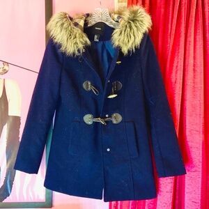 Forever 21 Fur Hood Trench Coat Winter Navy Blue Toggle Clasp Women’s Small